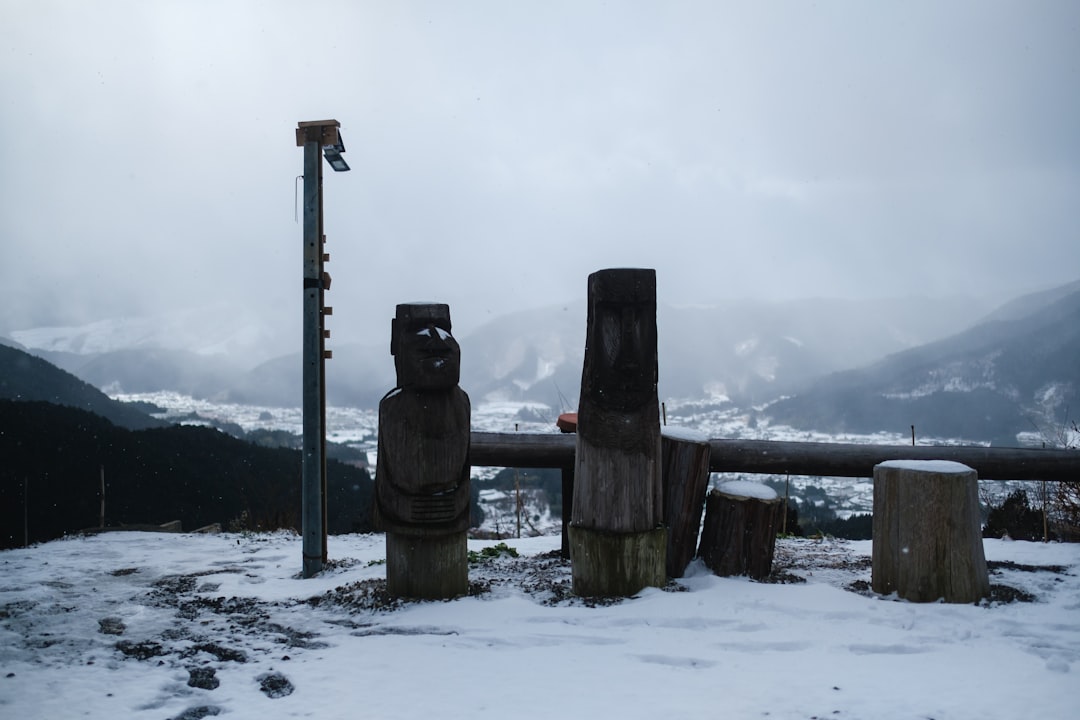 a group of totem poles sitting on top of a snow covered ground